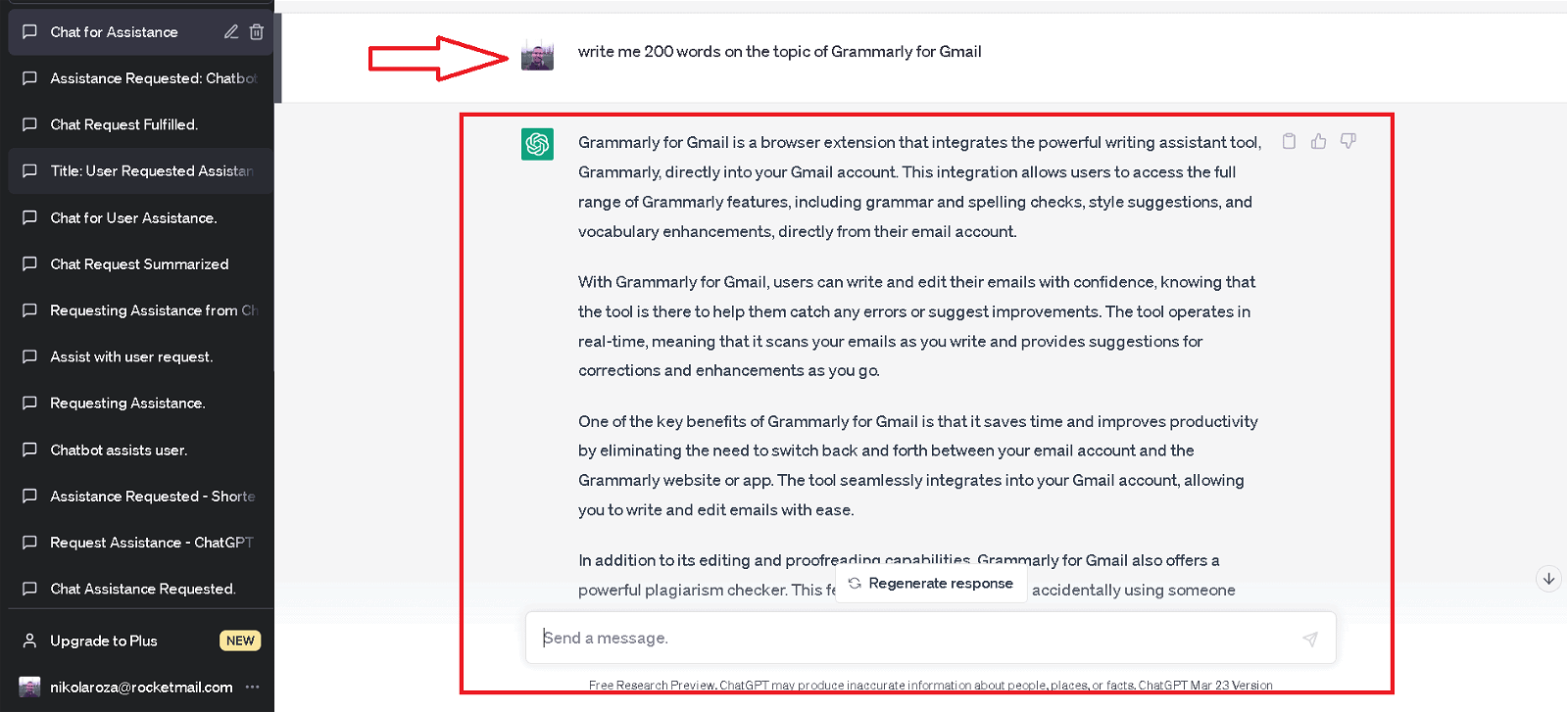 Grammarly pour Gmail 200 mots générés par ChatGPT