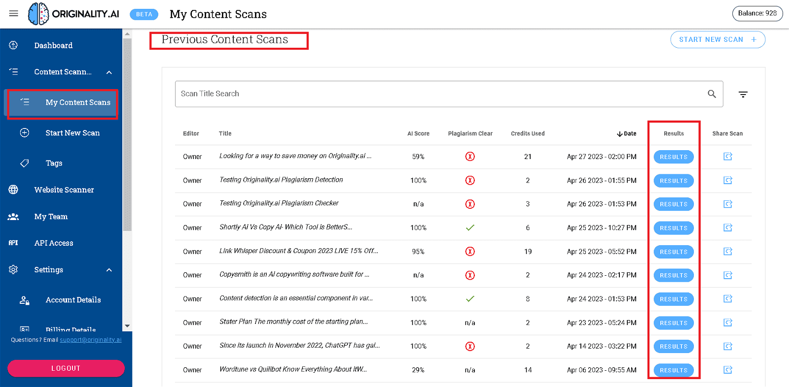 Originality.ai enregistre vos précédentes numérisations de documents