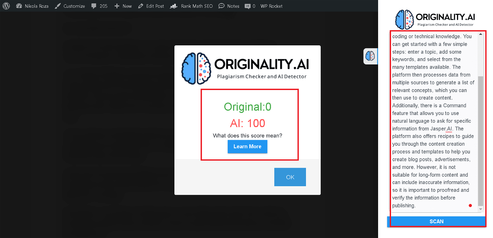 Originality.ai peut facilement détecter le contenu d'IA écrit par Jasper AI