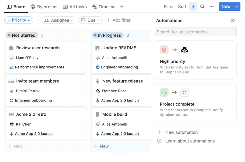 Une capture d'écran d'une base de données Notion avec le panneau latéral des automatisations ouvert.