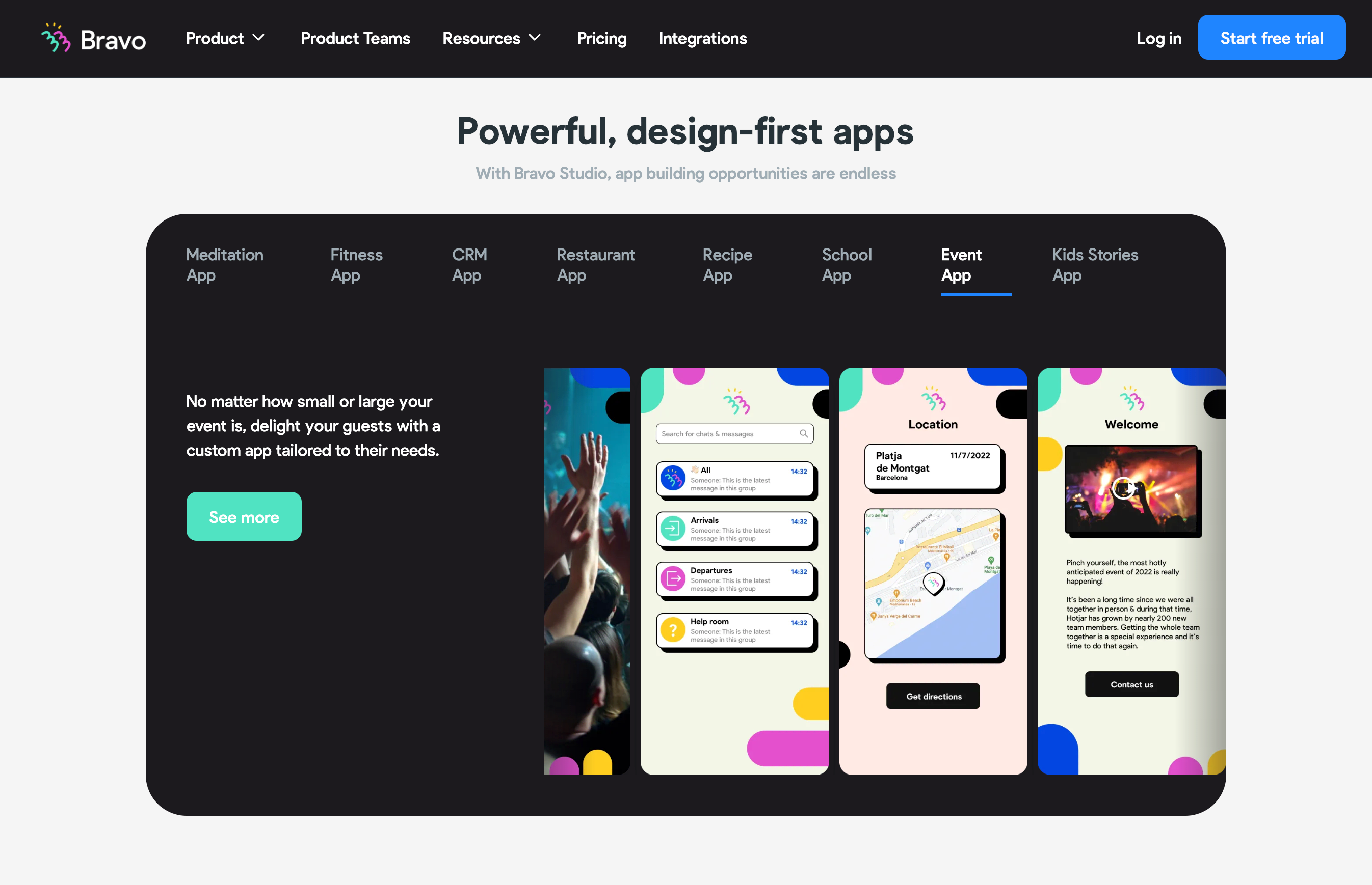 Page d'accueil de l'application Bravo avec le titre "Applications puissantes axées sur le design" avec un aperçu des types d'applications que vous pouvez créer avec leur plate-forme