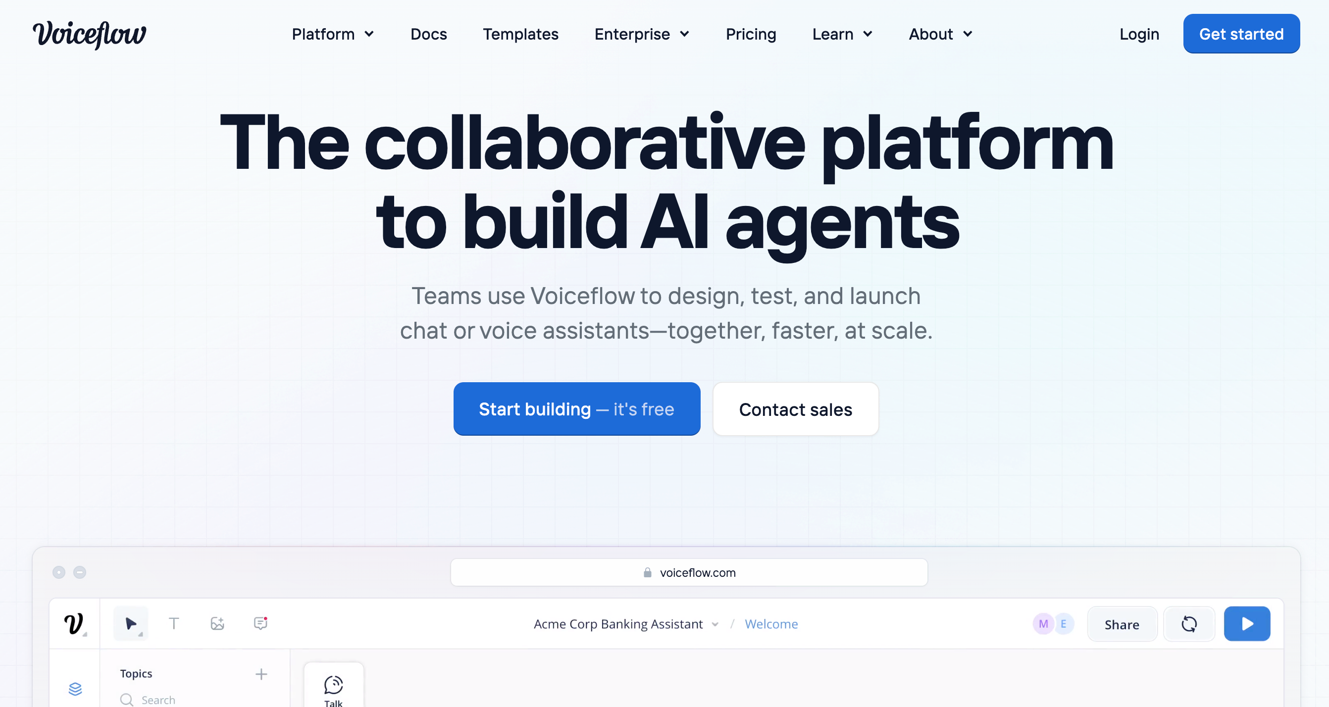 Page d'accueil de Voiceflow. Titre : La plateforme collaborative pour créer des agents IA