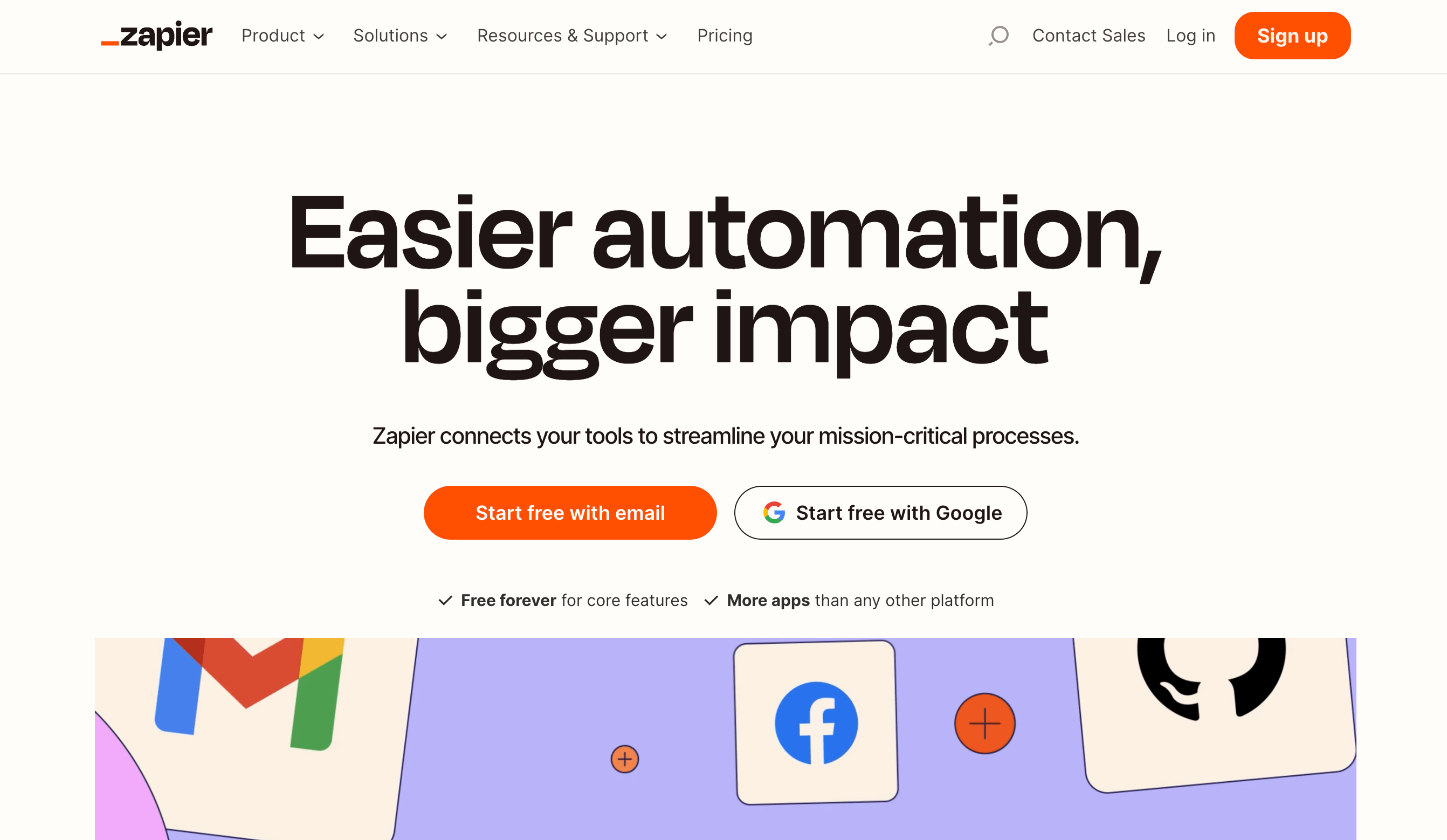 Page d'accueil de Zapier avec le titre « Une automatisation plus facile, un impact plus important »
