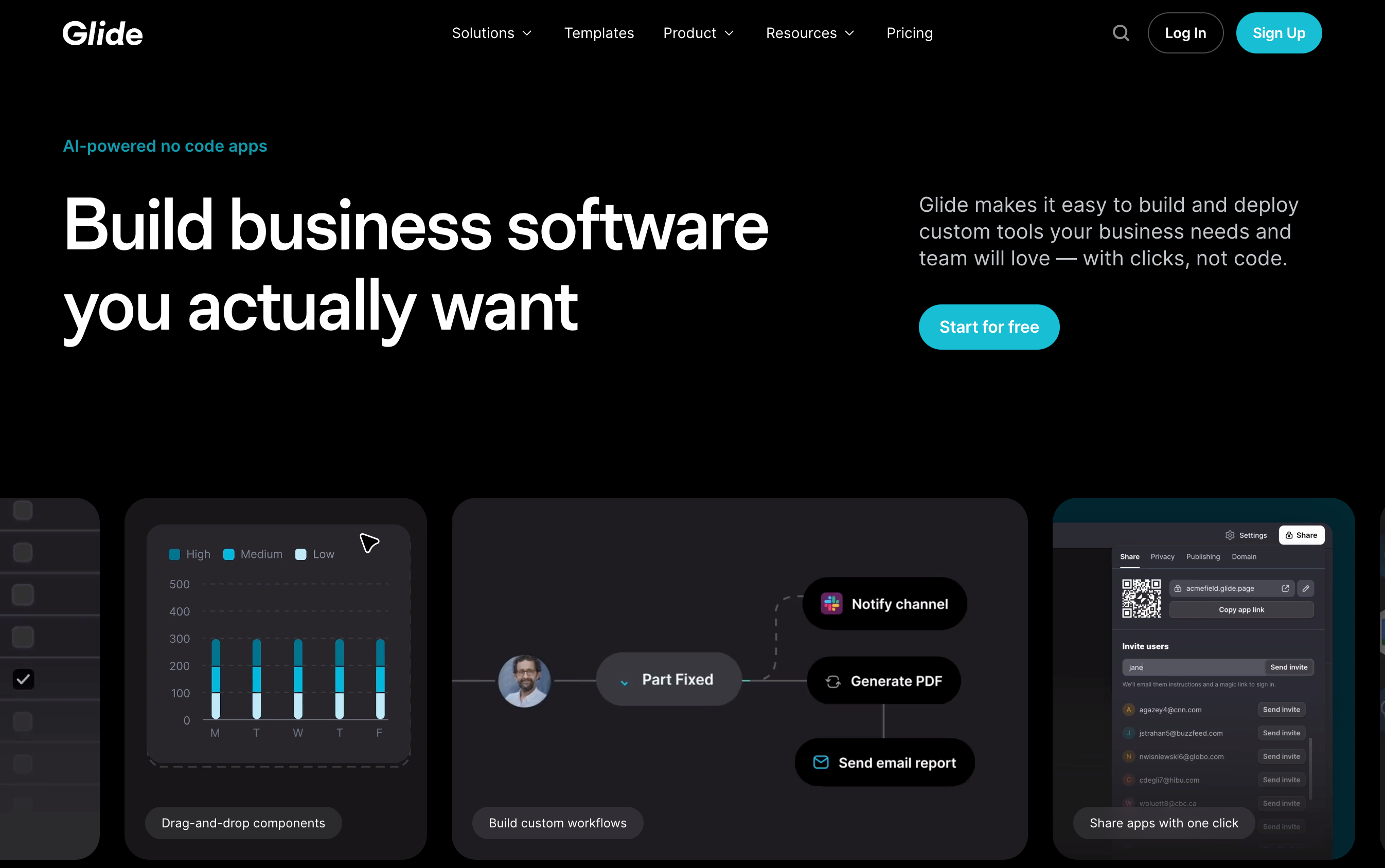 Page d'accueil de Glide avec le titre "Créez le logiciel d'entreprise que vous souhaitez réellement"