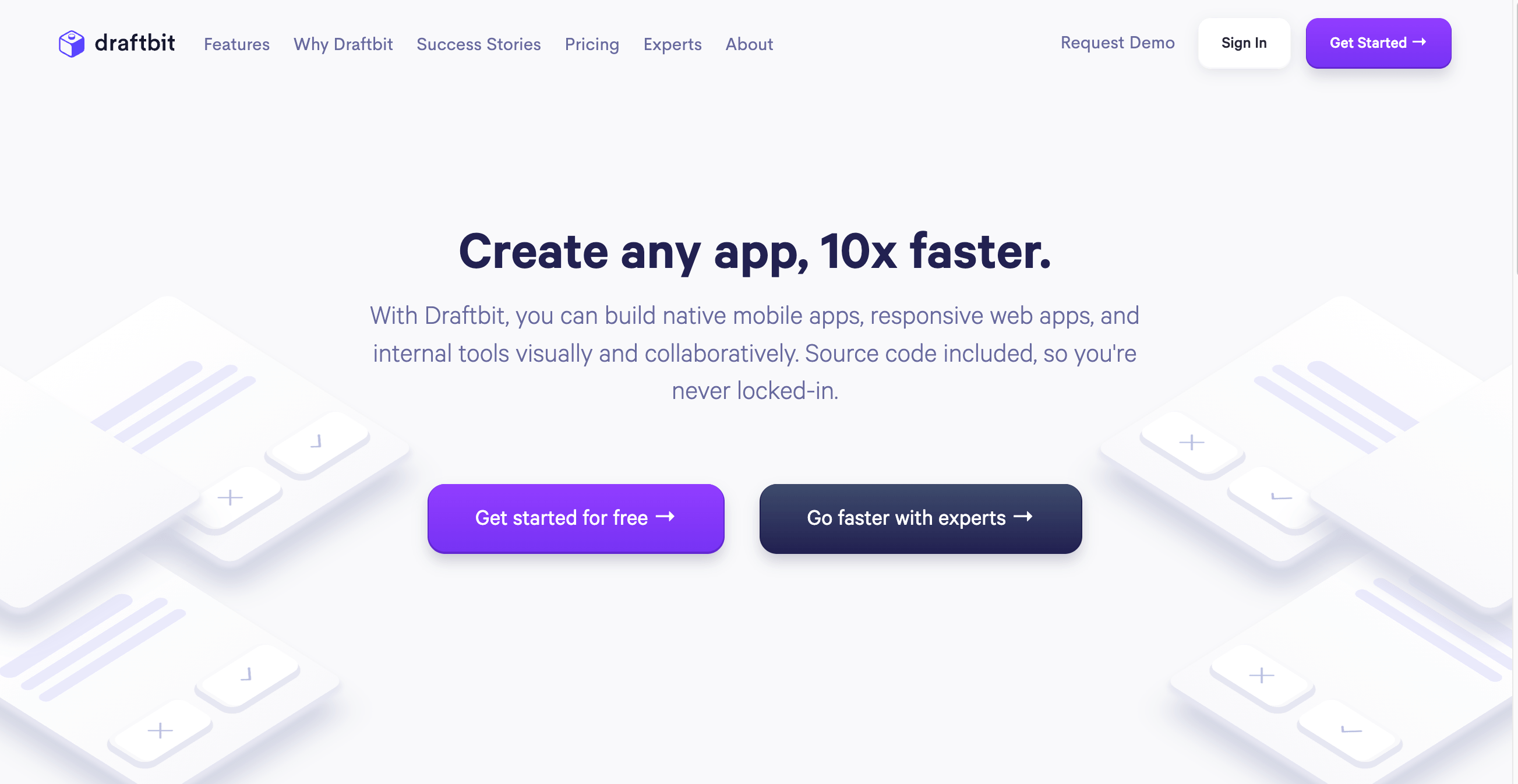 Page d'accueil de Draftbit, avec le titre "Créez n'importe quelle application, 10 fois plus rapidement"